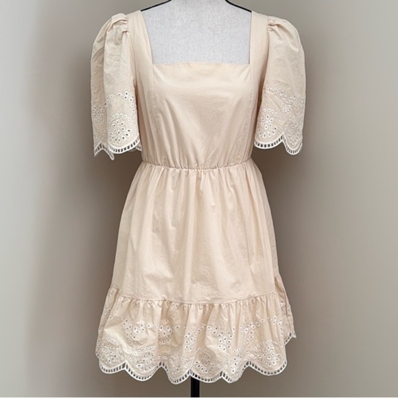 English Factor Embroidered Ruffle Cream Eyelet Cotton Mini Dress Women's Small - Picture 1 of 11